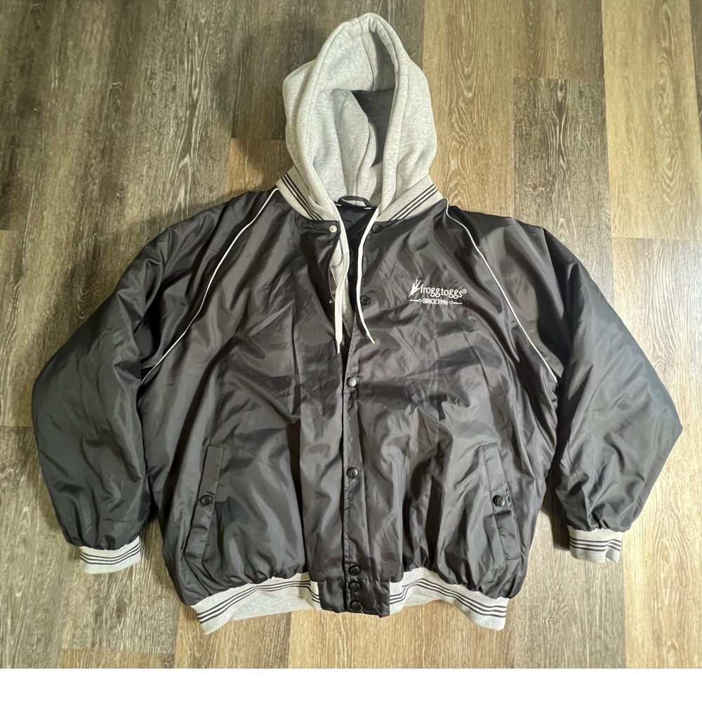 Frogg Toggs Bomber Jacket Mens Large Black Hooded Snap Front Windbreaker 3473